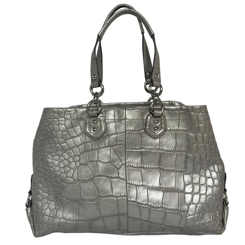Coach Ashley Carryall Women Large Silver Metallic Croc Embossed Leather Tote Bag